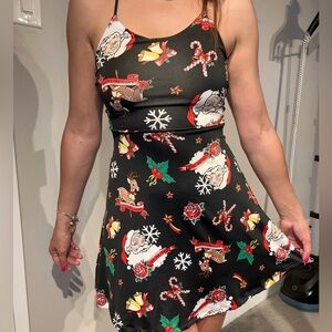 Festive Black Holiday Dress with Santa and Reindeer